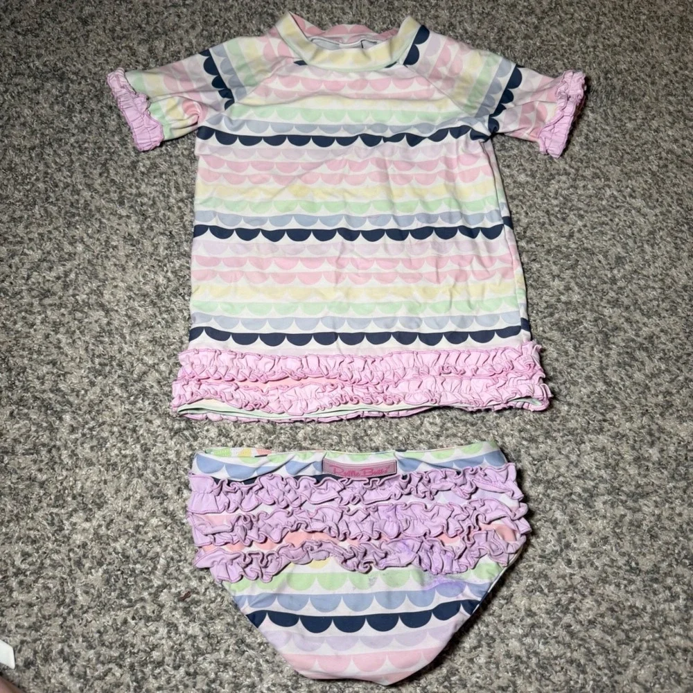 RuffleButts Girls Pastel Scallop Rash Guard and Ruffle Bottom Swimsuit Set - Picture 1 of 4